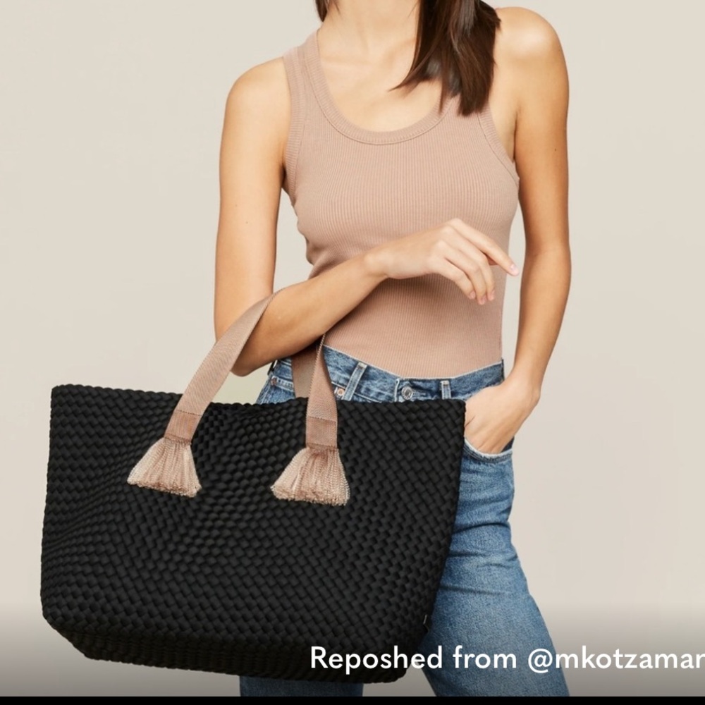Black Naghedi Woven Tote Bag with Tan Handles